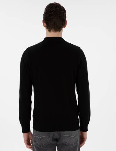 Siyah Slim Fit Fermuarlı Polo Yaka Yün Karışımlı Basic Triko Kazak