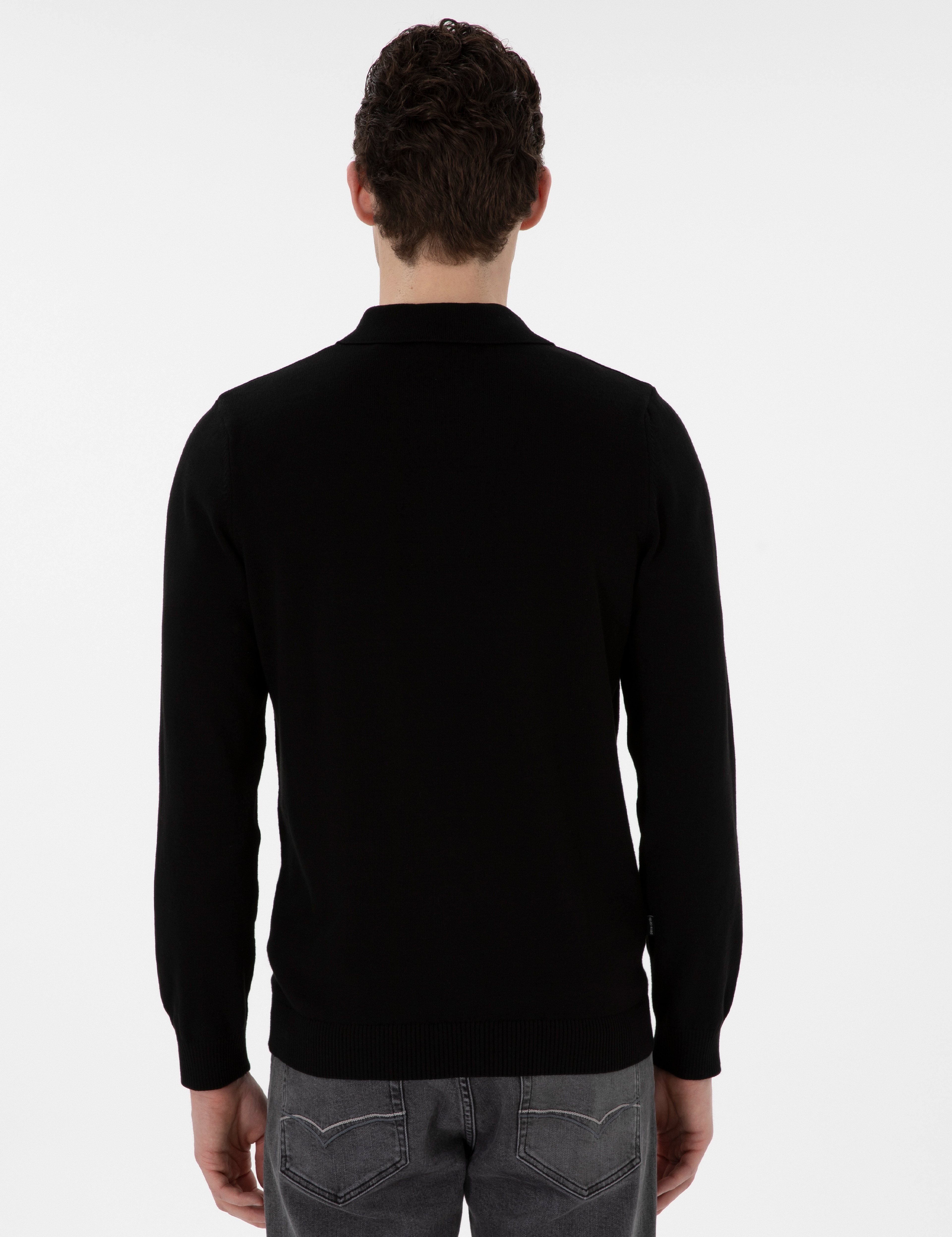 Siyah Slim Fit Fermuarlı Polo Yaka Yün Karışımlı Basic Triko Kazak - Image 5