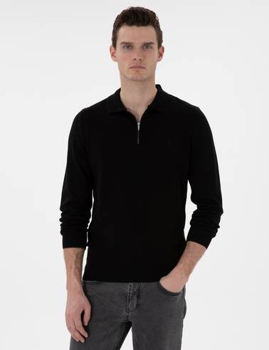 Siyah Slim Fit Fermuarlı Polo Yaka Yün Karışımlı Basic Triko Kazak