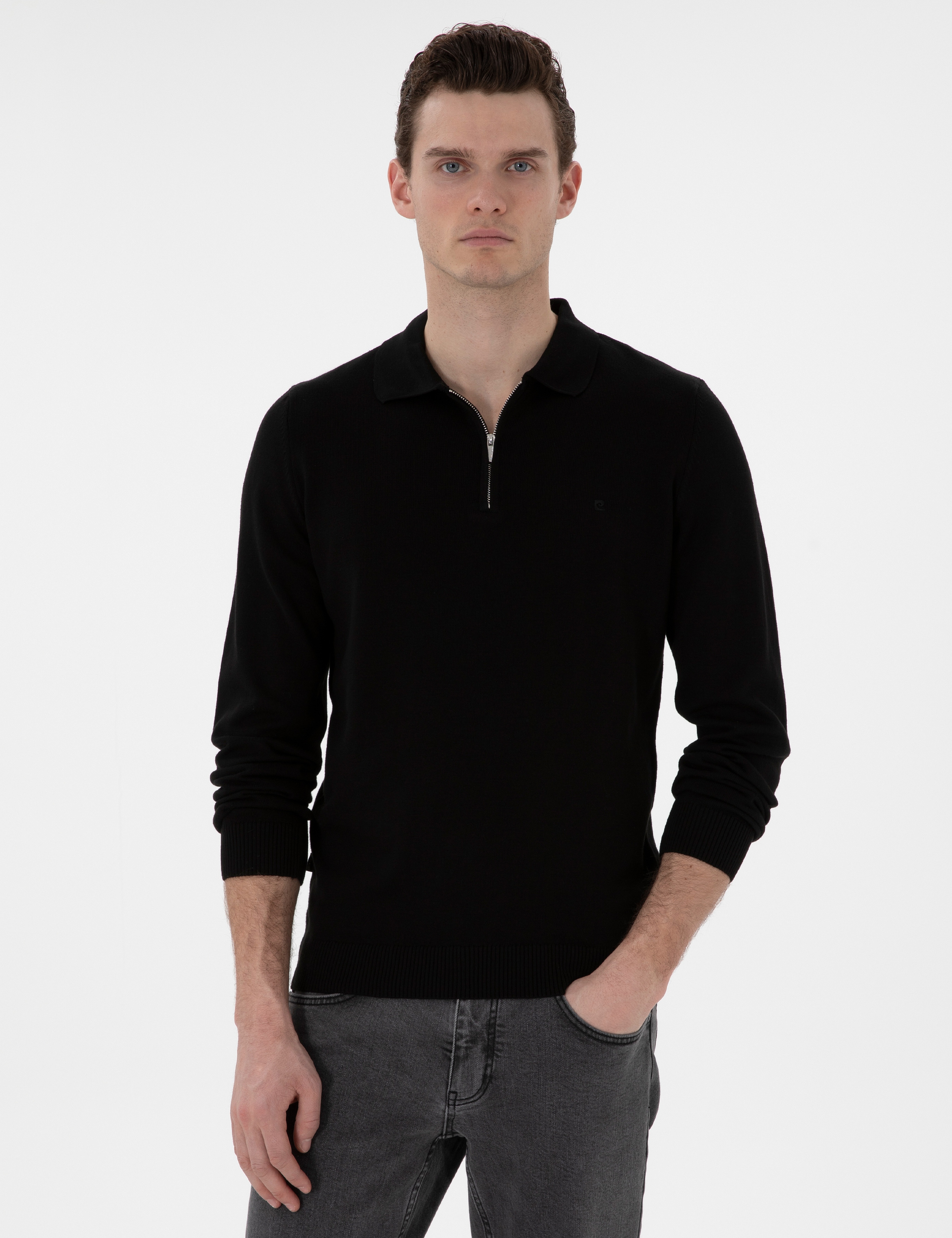 Siyah Slim Fit Fermuarlı Polo Yaka Yün Karışımlı Basic Triko Kazak - Image 1