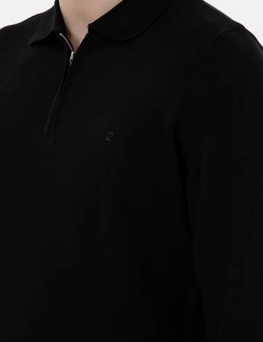 Siyah Slim Fit Fermuarlı Polo Yaka Yün Karışımlı Basic Triko Kazak