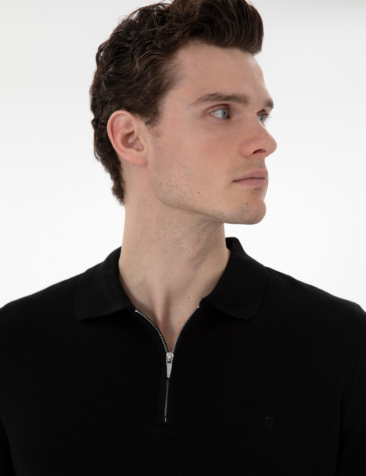 Siyah Slim Fit Fermuarlı Polo Yaka Yün Karışımlı Basic Triko Kazak - 50312570011