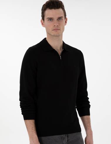 Siyah Slim Fit Fermuarlı Polo Yaka Yün Karışımlı Basic Triko Kazak