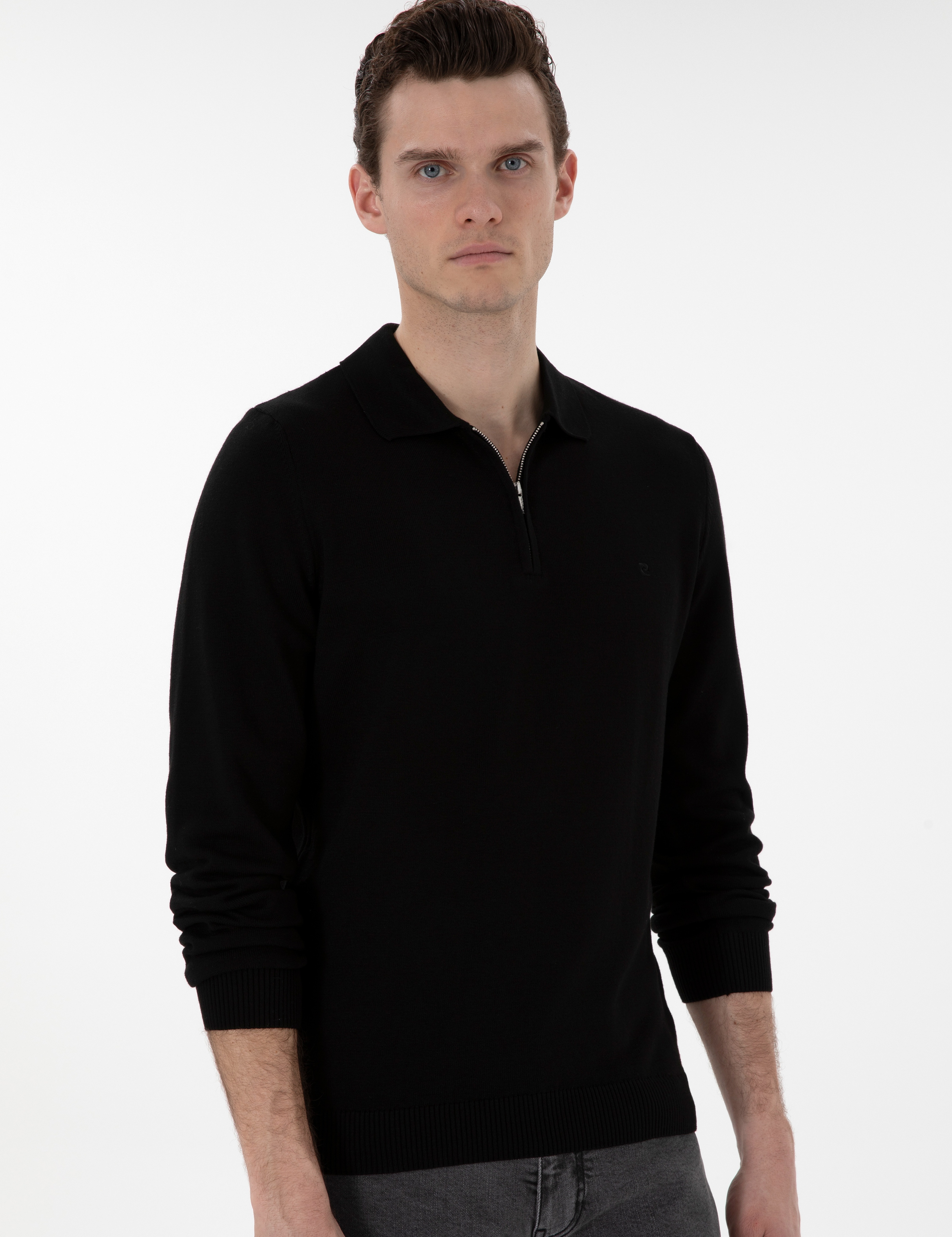 Siyah Slim Fit Fermuarlı Polo Yaka Yün Karışımlı Basic Triko Kazak - Image 3