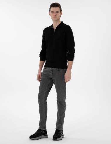 Siyah Slim Fit Fermuarlı Polo Yaka Yün Karışımlı Basic Triko Kazak