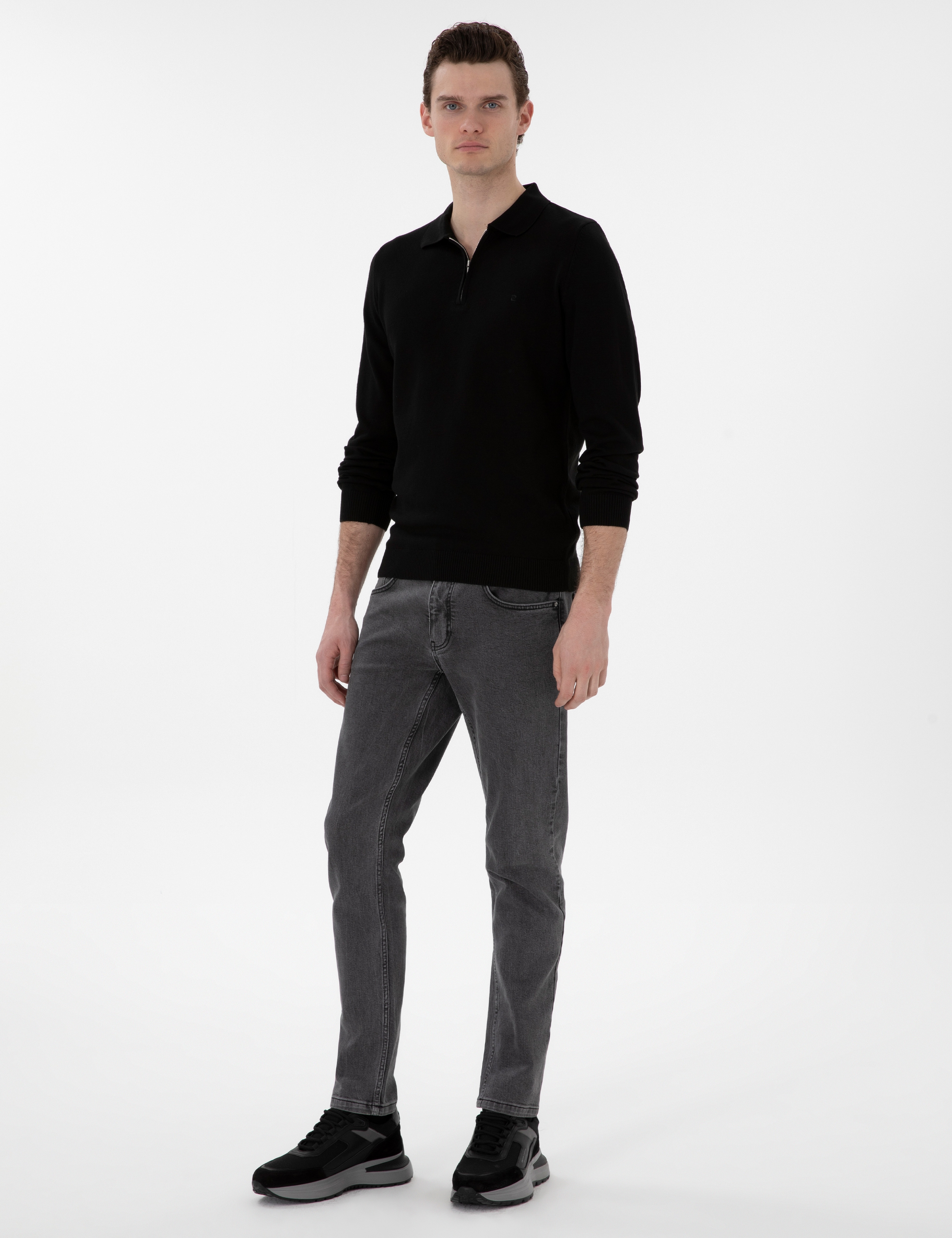 Siyah Slim Fit Fermuarlı Polo Yaka Yün Karışımlı Basic Triko Kazak - Image 4