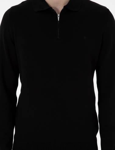 Siyah Slim Fit Fermuarlı Polo Yaka Yün Karışımlı Basic Triko Kazak