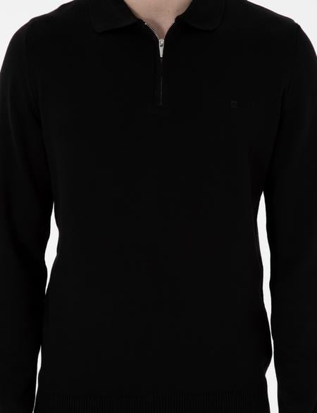 Siyah Slim Fit Fermuarlı Polo Yaka Yün Karışımlı Basic Triko Kazak - 50312570011