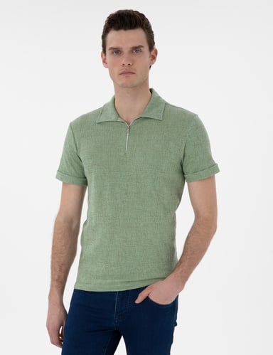 Açık Haki Slim Fit Fermuarlı Polo Yaka Tişört