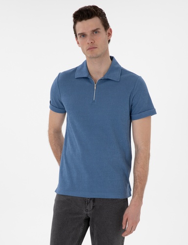 Mavi Slim Fit Fermuarlı Polo Yaka Tişört
