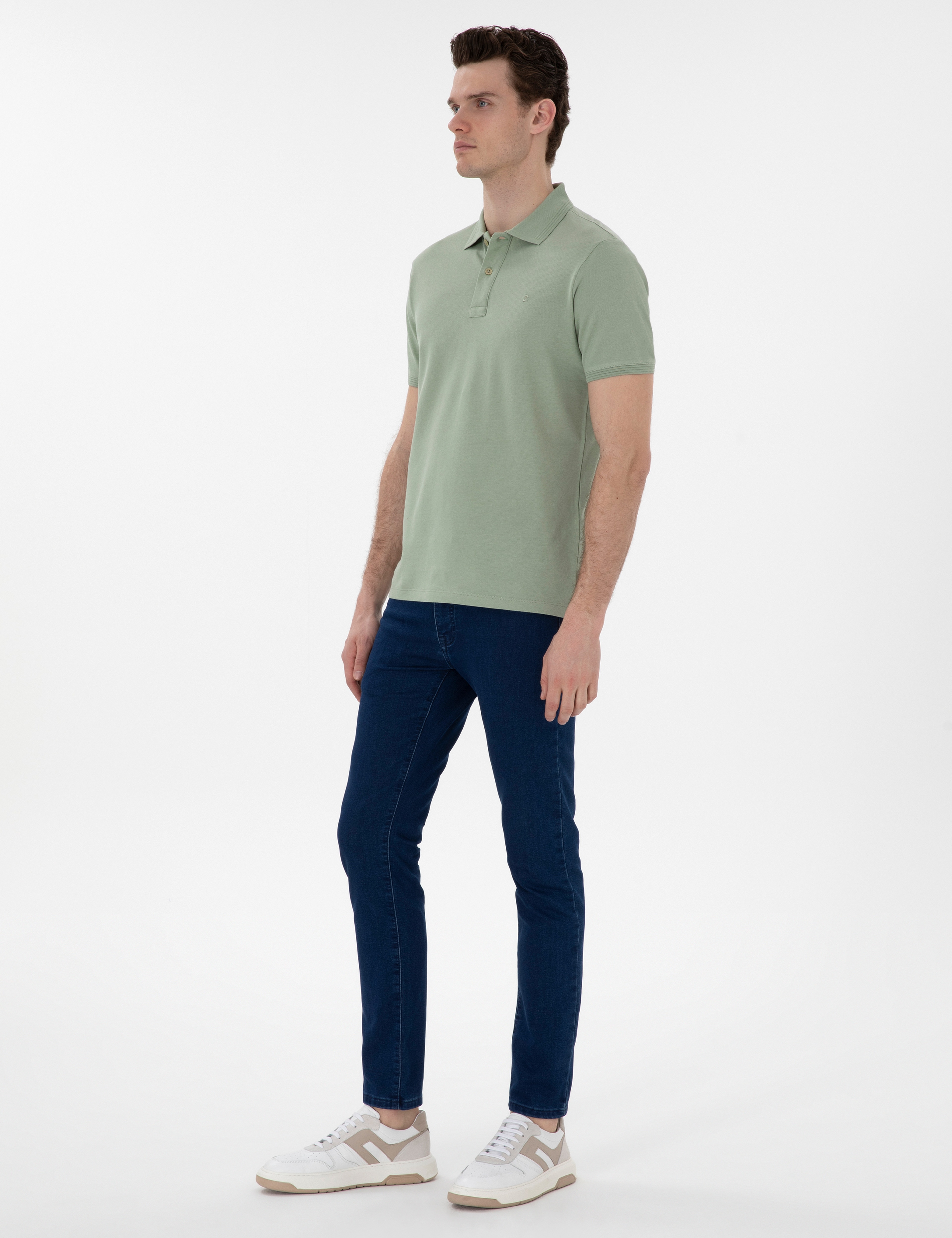 Çağla Yeşili Slim Fit Kıvrılmaz Polo Yaka Basic Tişört - Image 4