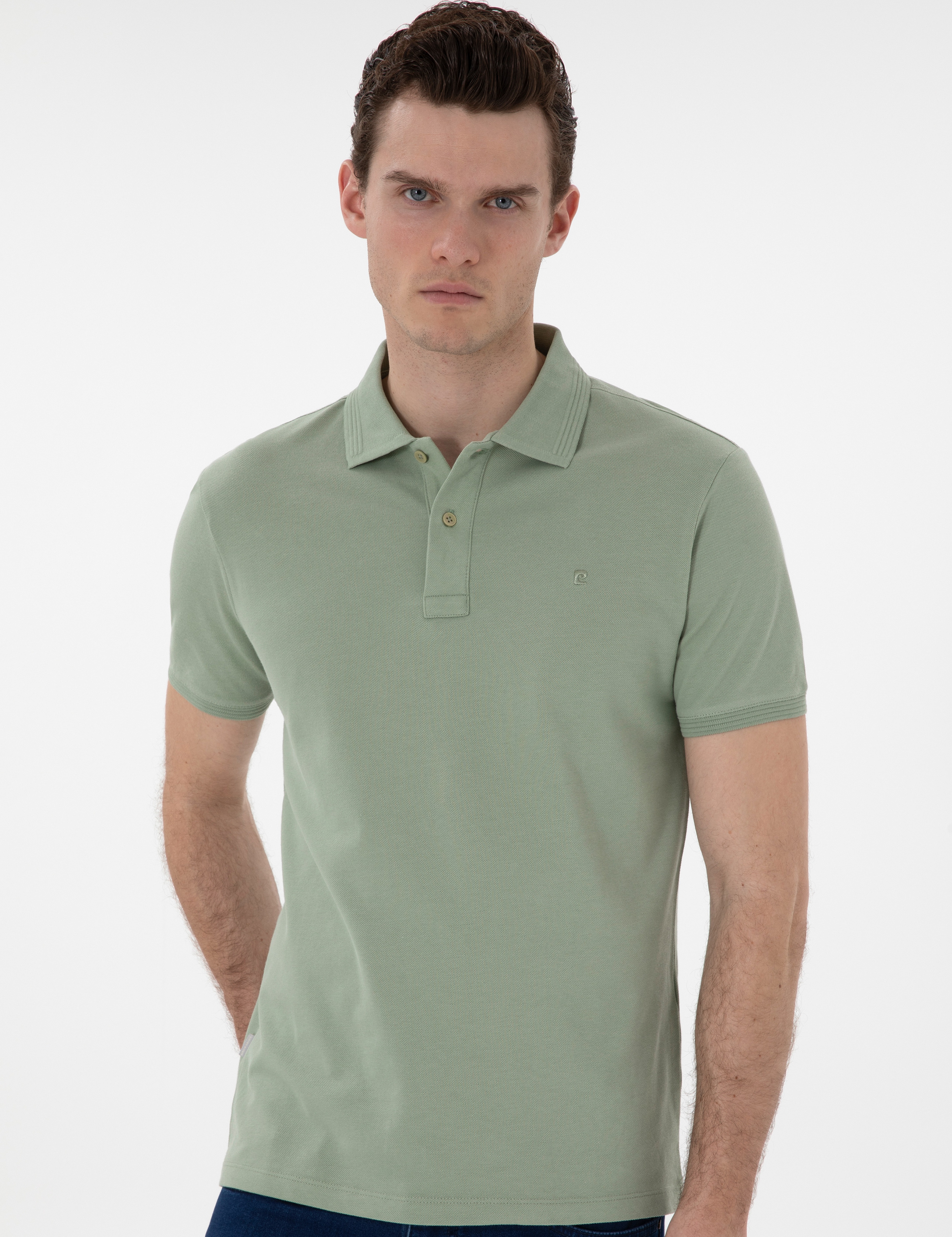 Çağla Yeşili Slim Fit Kıvrılmaz Polo Yaka Basic Tişört - Image 3
