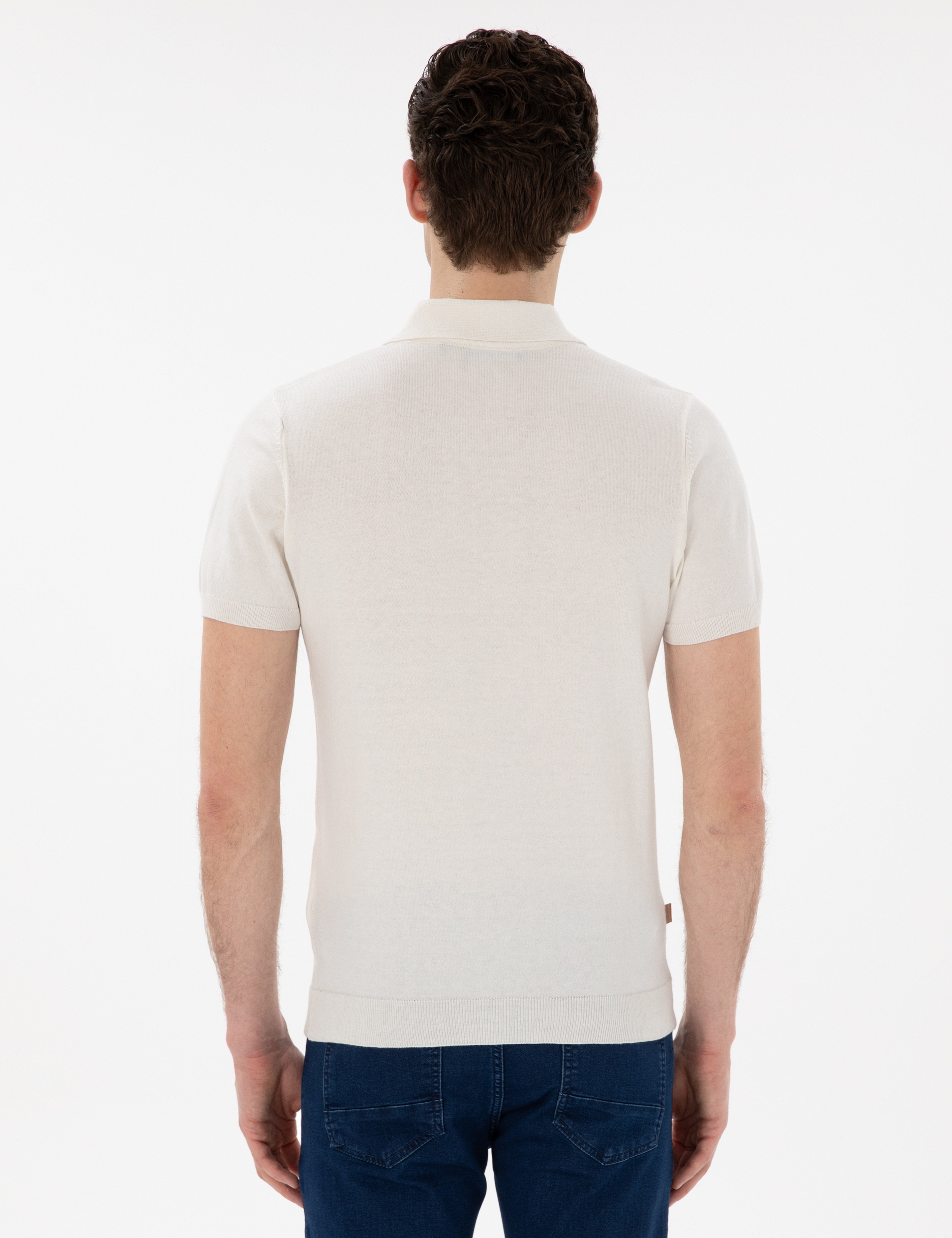 Ekru Slim Fit Düğmeli Polo Yaka Triko Tişört - Image 5