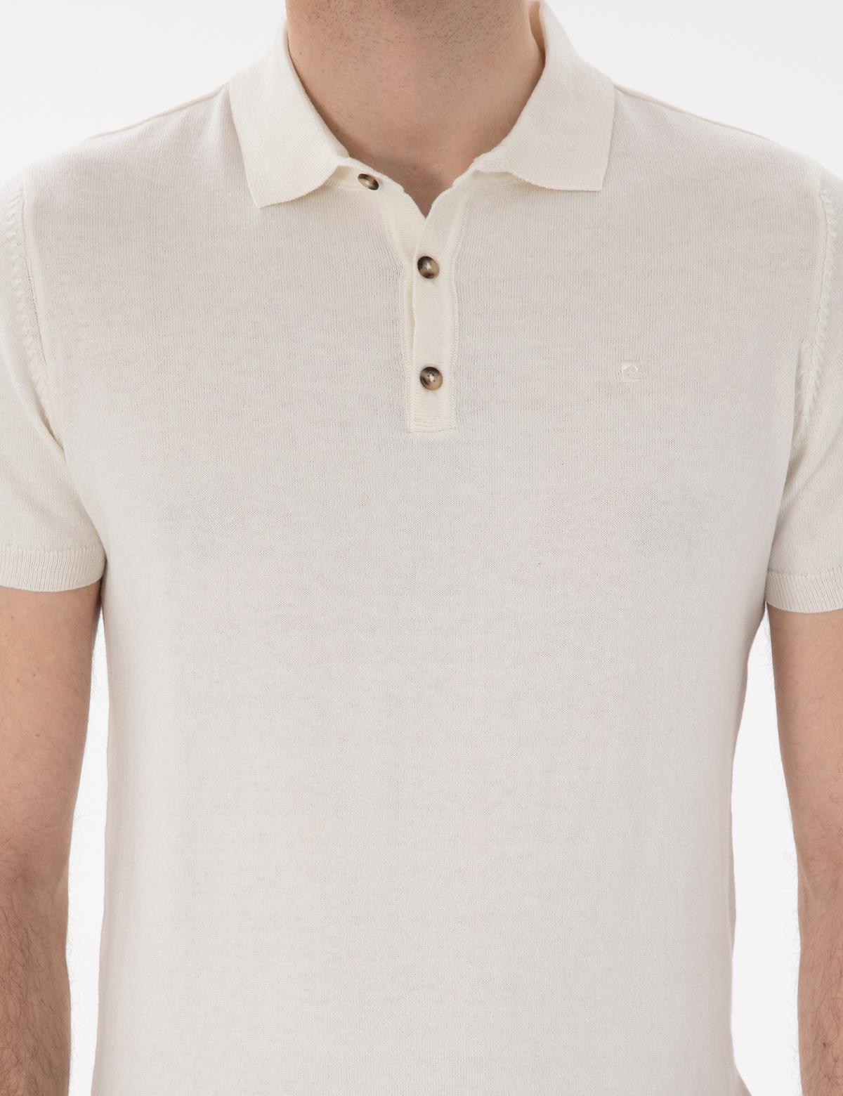 Ekru Slim Fit Düğmeli Polo Yaka Triko Tişört - 50307320036