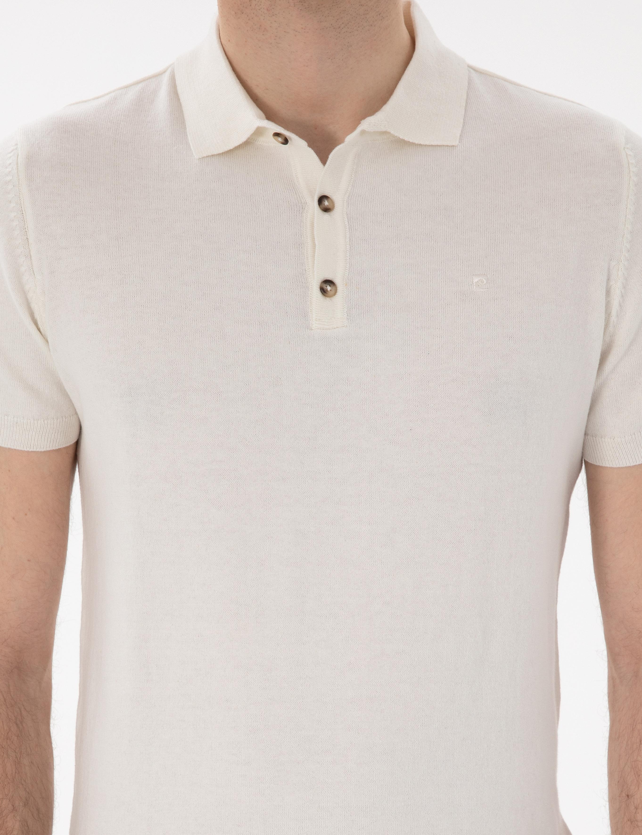 Ekru Slim Fit Düğmeli Polo Yaka Triko Tişört