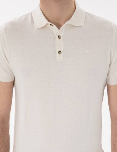 Ekru Slim Fit Düğmeli Polo Yaka Triko Tişört