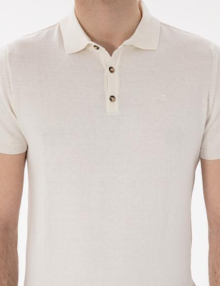 Ekru Slim Fit Düğmeli Polo Yaka Triko Tişört - 50307320036
