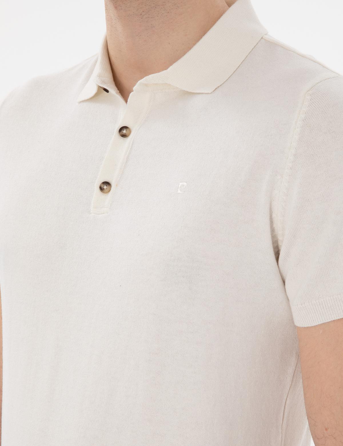 Ekru Slim Fit Düğmeli Polo Yaka Triko Tişört - 50307320036