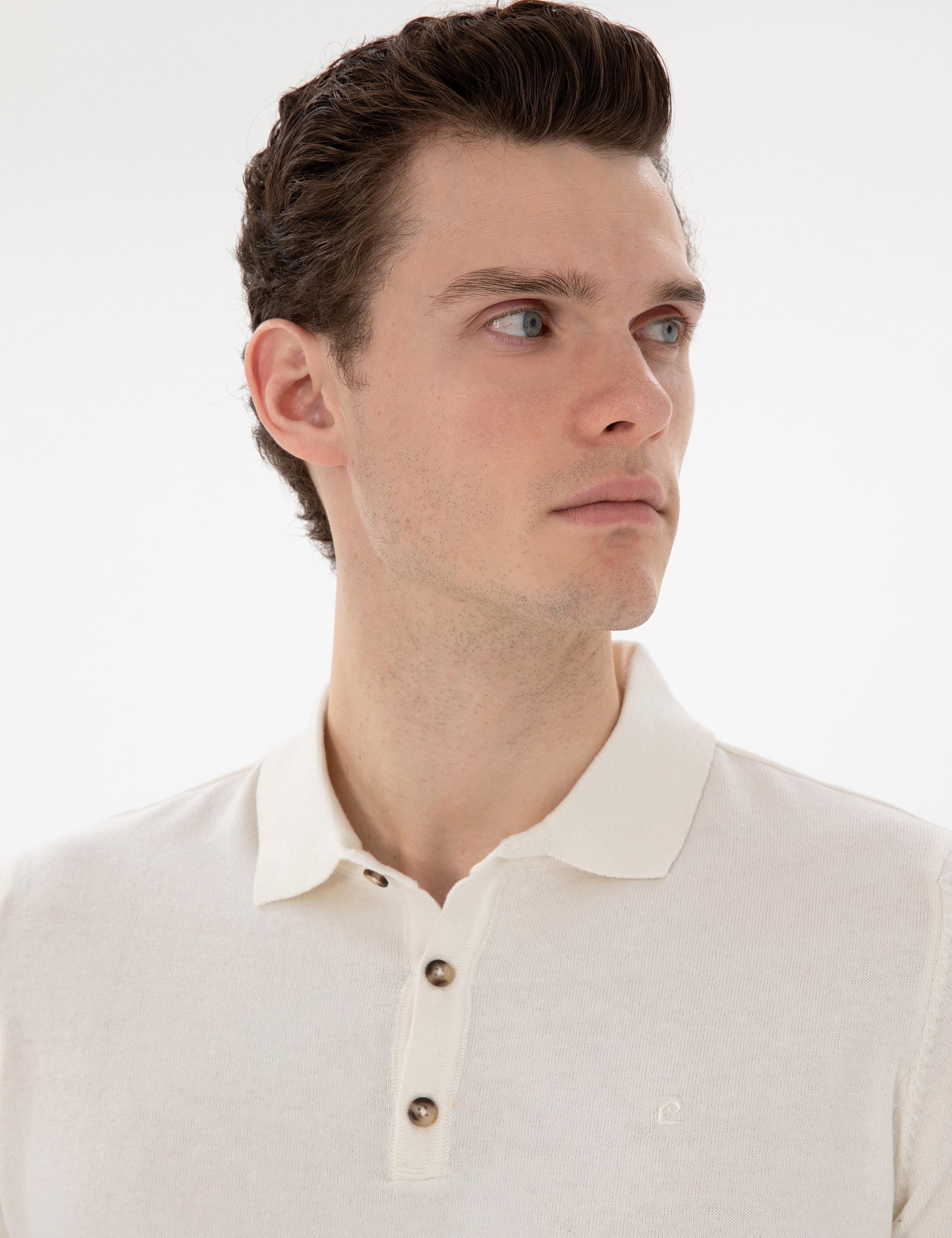 Ekru Slim Fit Düğmeli Polo Yaka Triko Tişört