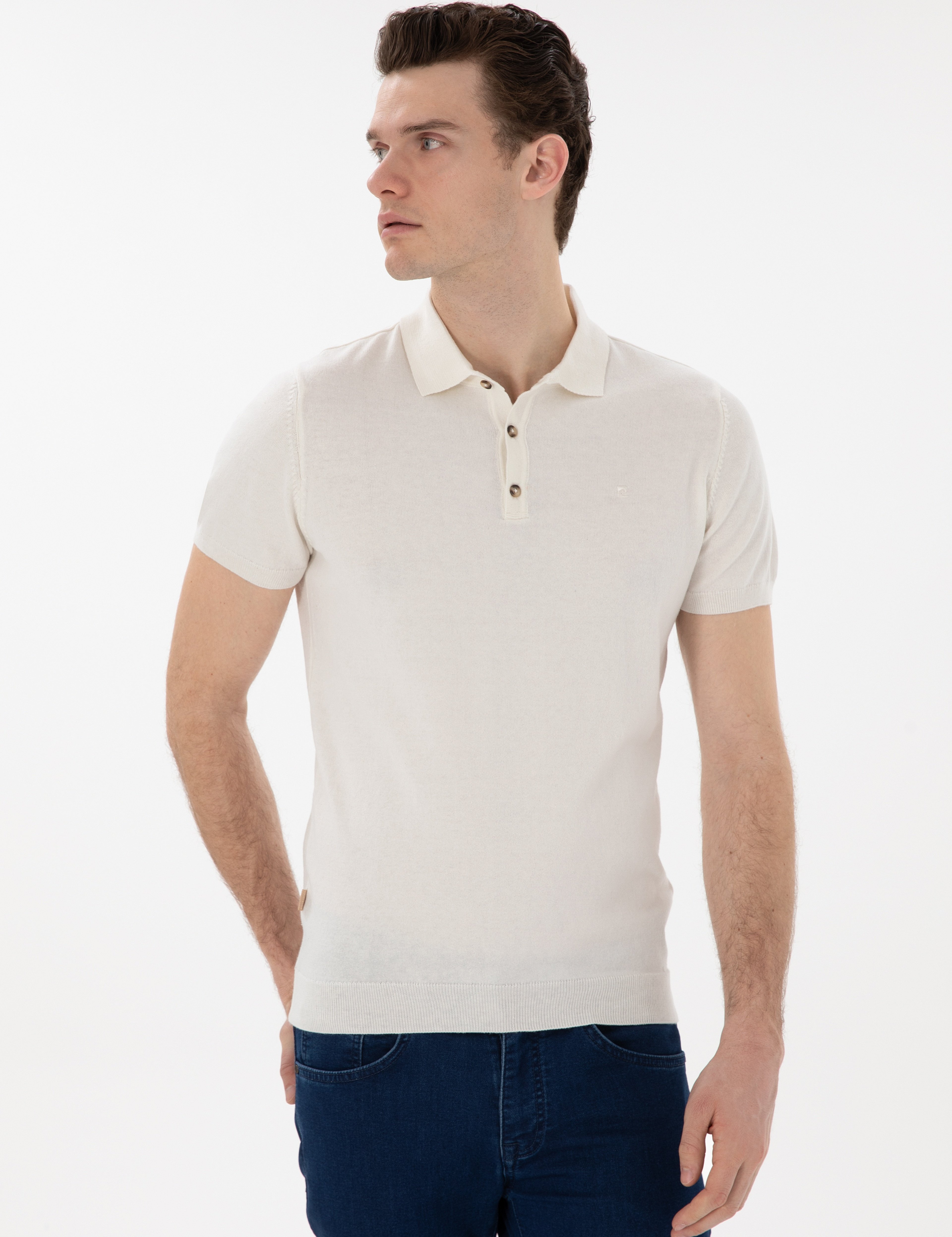 Ekru Slim Fit Düğmeli Polo Yaka Triko Tişört - Image 3