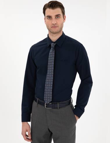 Lacivert Slim Fit Uzun Kollu Basic Gömlek