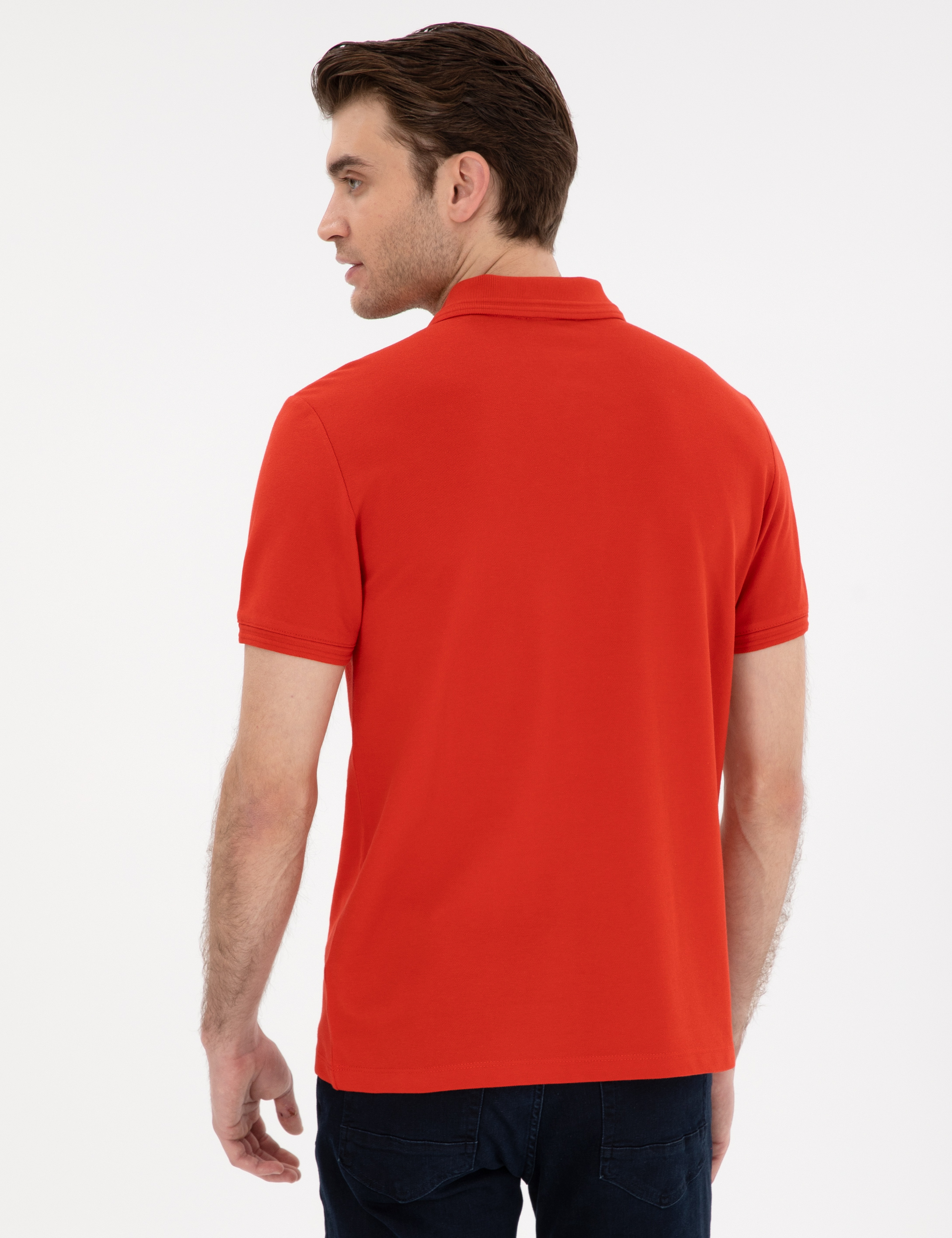 Kırmızı Slim Fit %100 Pamuk Polo Yaka Basic Tişört - Image 5