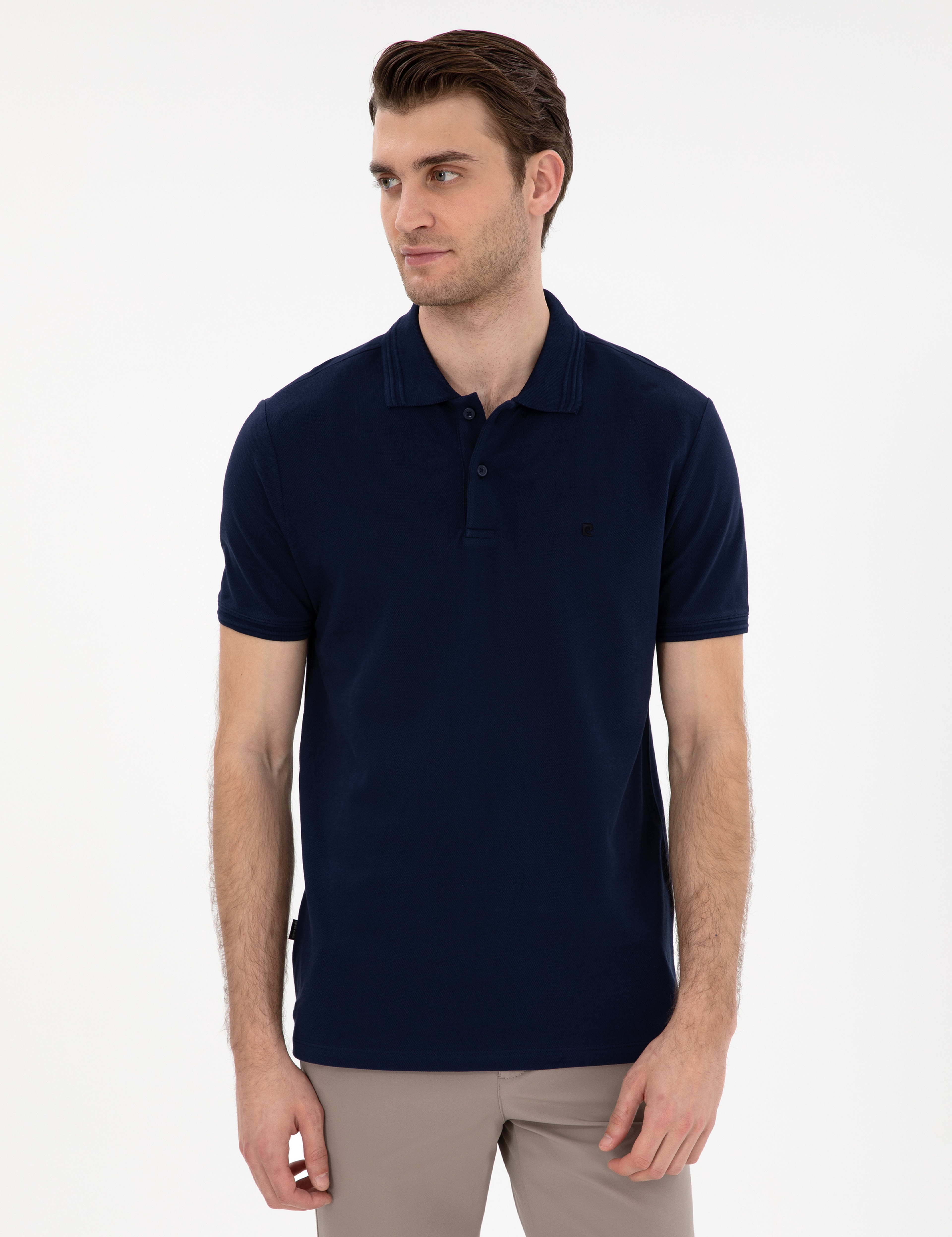 Lacivert Slim Fit %100 Pamuk Polo Yaka Basic Tişört - Image 1