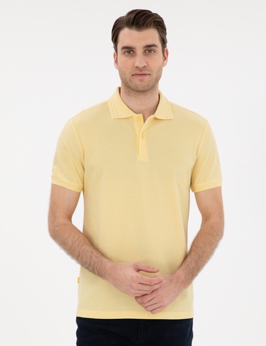 Açık Sarı Slim Fit %100 Pamuk Düğmeli Polo Yaka Basic Tişört