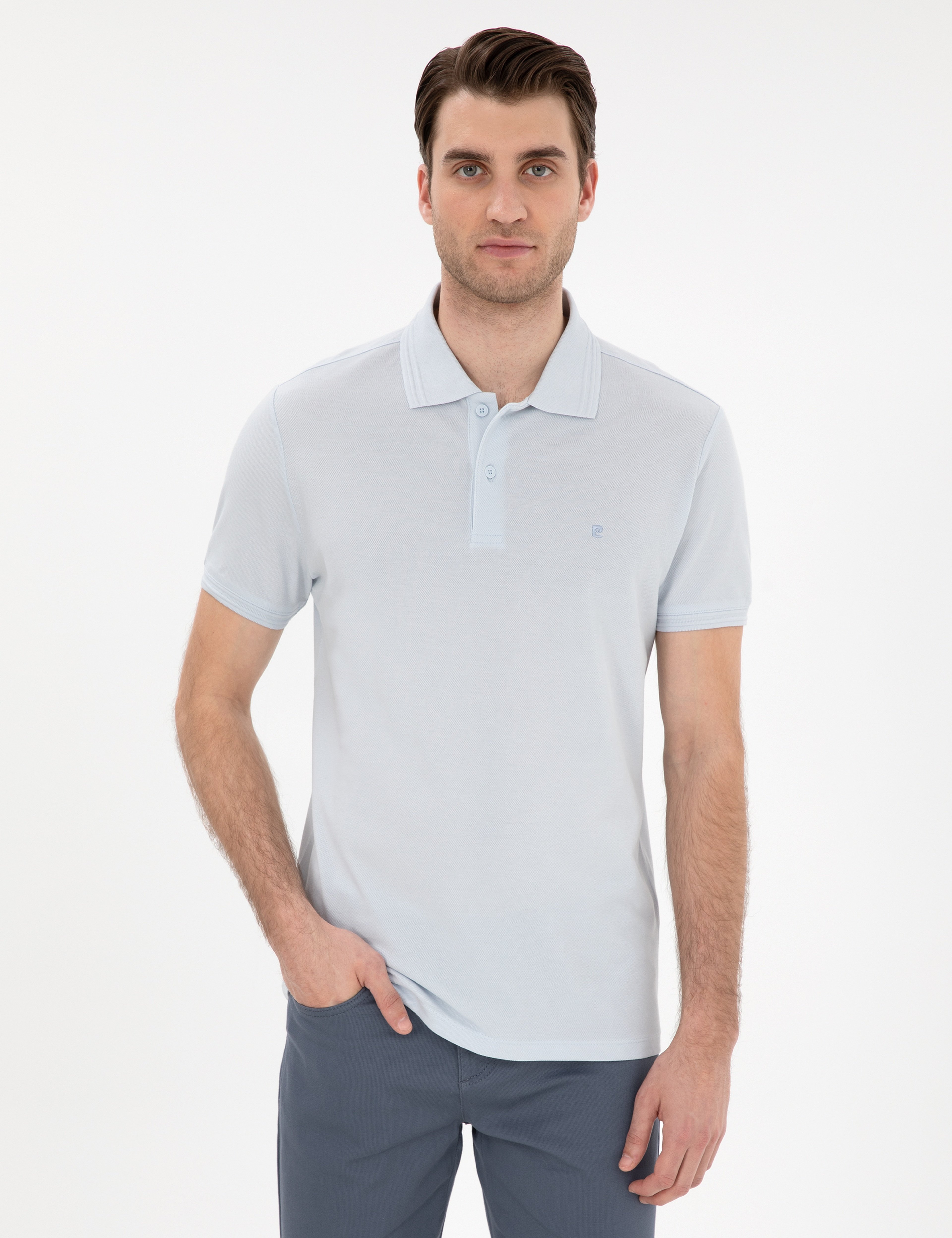 Açık Mavi Slim Fit %100 Pamuk Polo Yaka Basic Tişört - Image 1