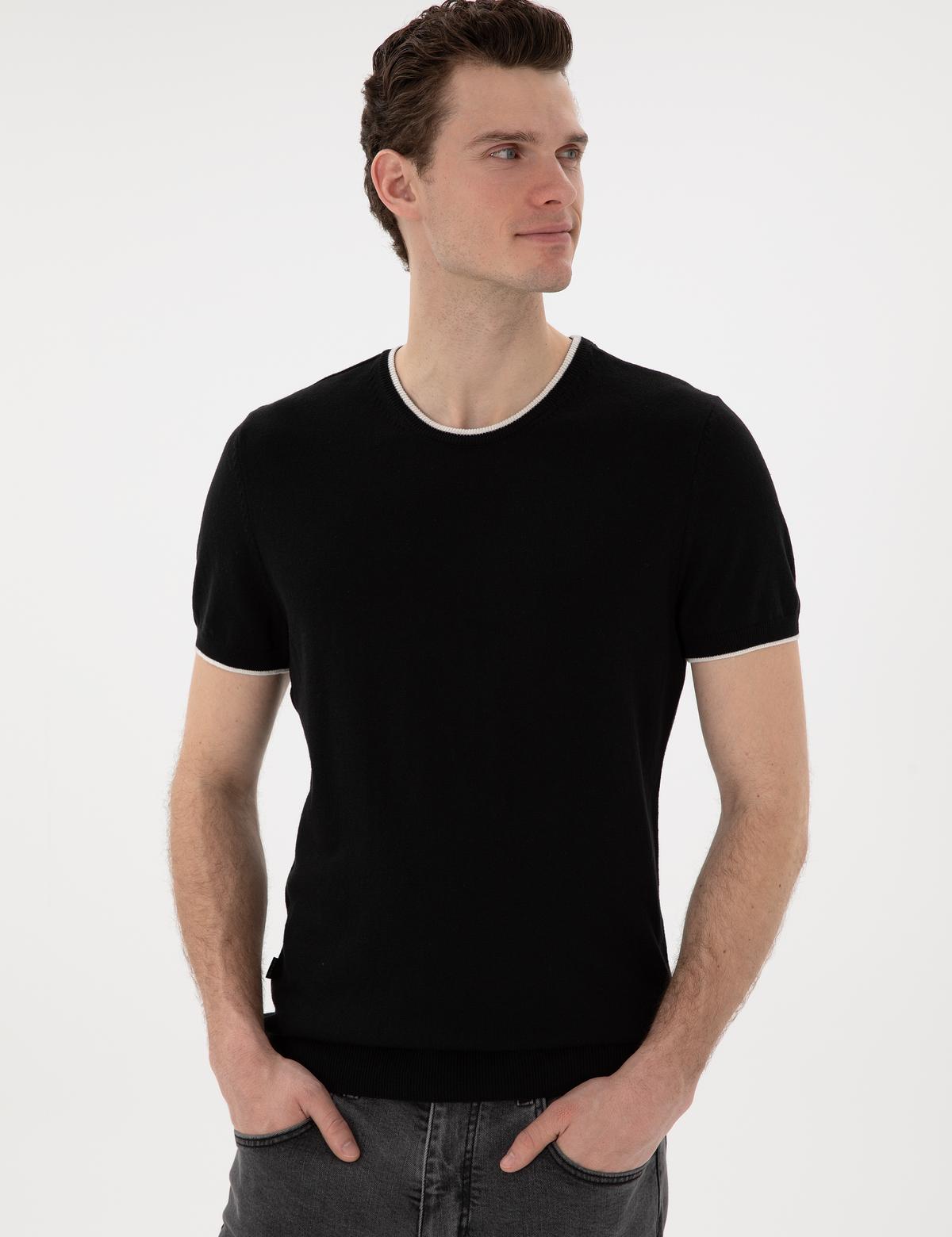 Siyah Slim Fit Bisiklet Yaka Triko Tişört - 50307401027