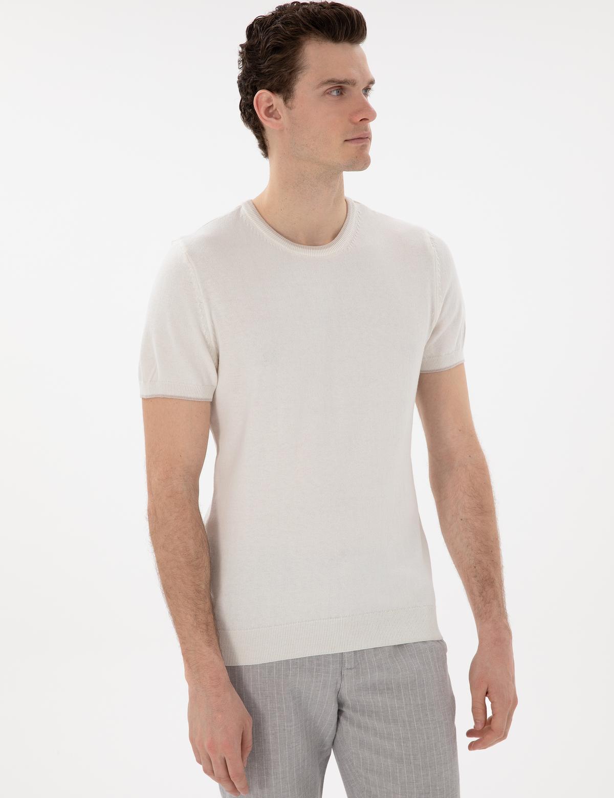 Ekru Slim Fit Bisiklet Yaka Triko Tişört - 50307401019