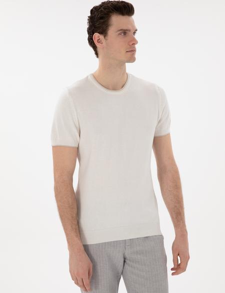 Ekru Slim Fit Bisiklet Yaka Triko Tişört - 50307401019