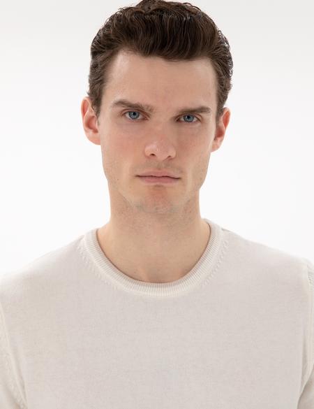 Ekru Slim Fit Bisiklet Yaka Triko Tişört - 50307401019