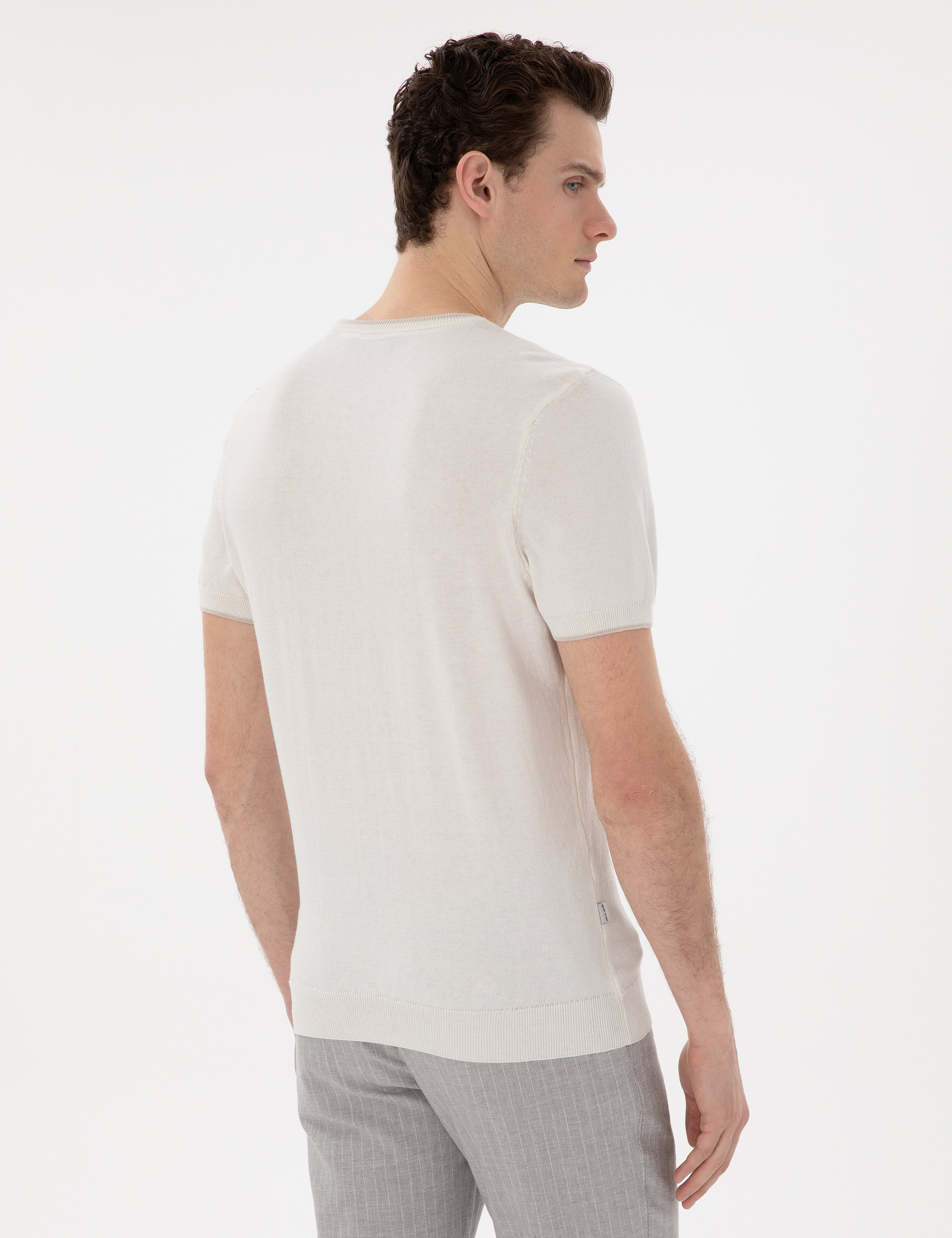 Ekru Slim Fit Bisiklet Yaka Triko Tişört - Image 5