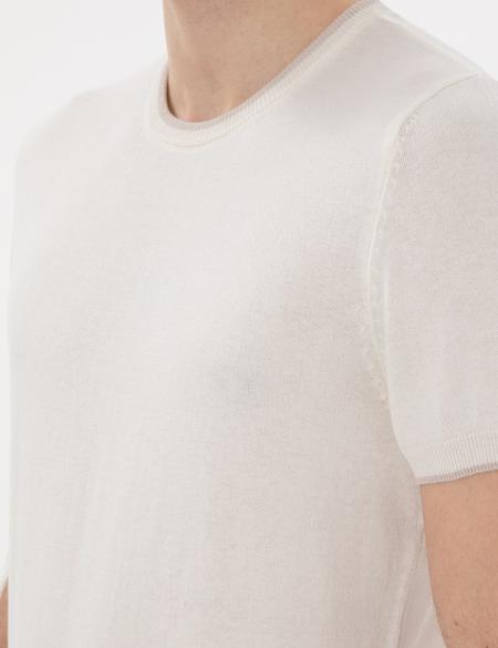 Ekru Slim Fit Bisiklet Yaka Triko Tişört - 50307401019