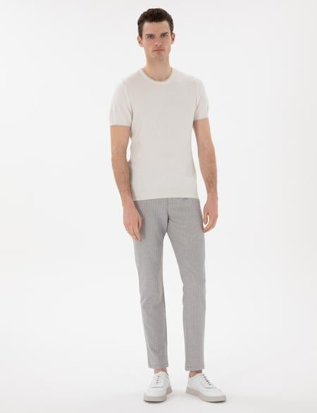 Ekru Slim Fit Bisiklet Yaka Triko Tişört - 50307401019