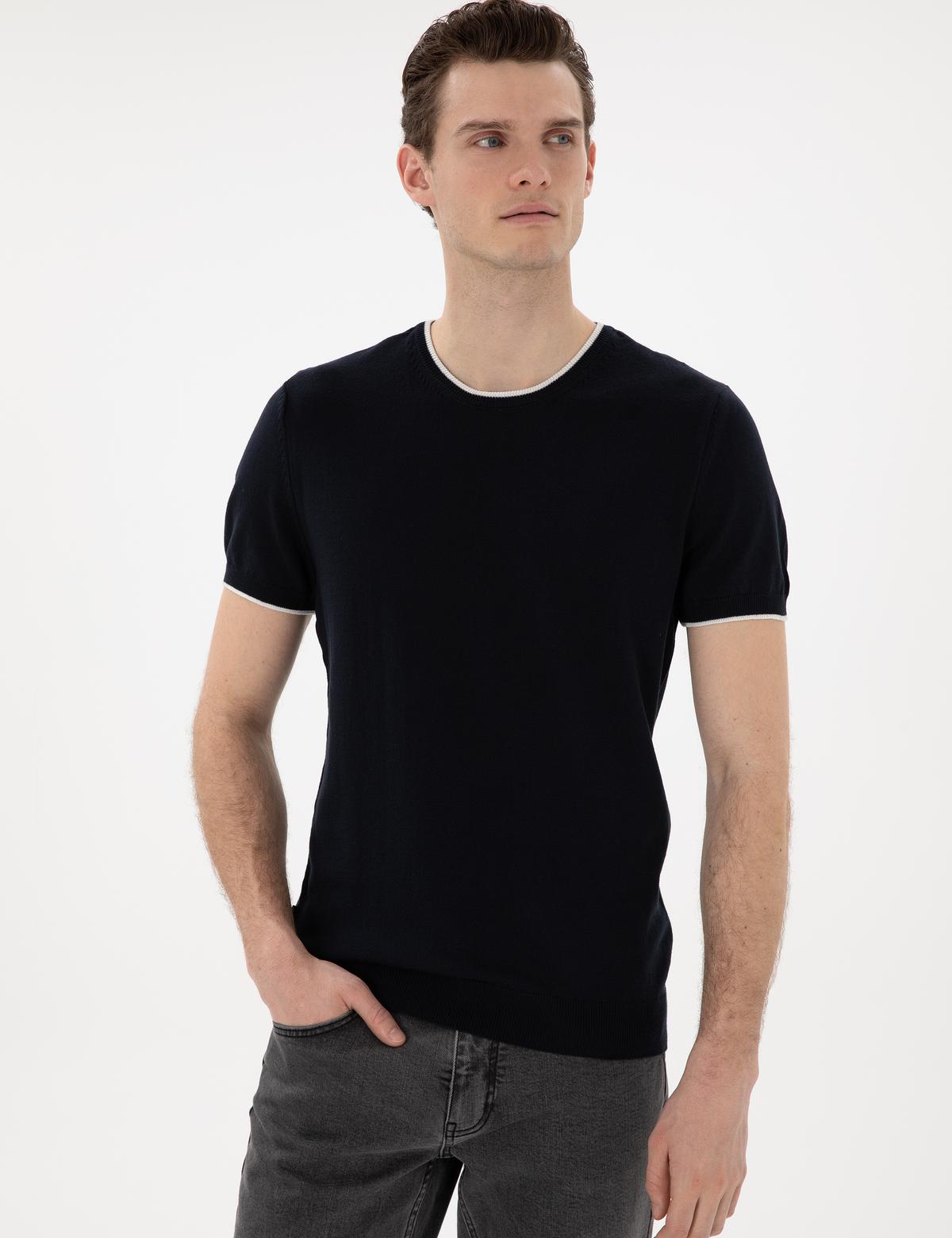 Lacivert Slim Fit Bisiklet Yaka Triko Tişört - 50307401001