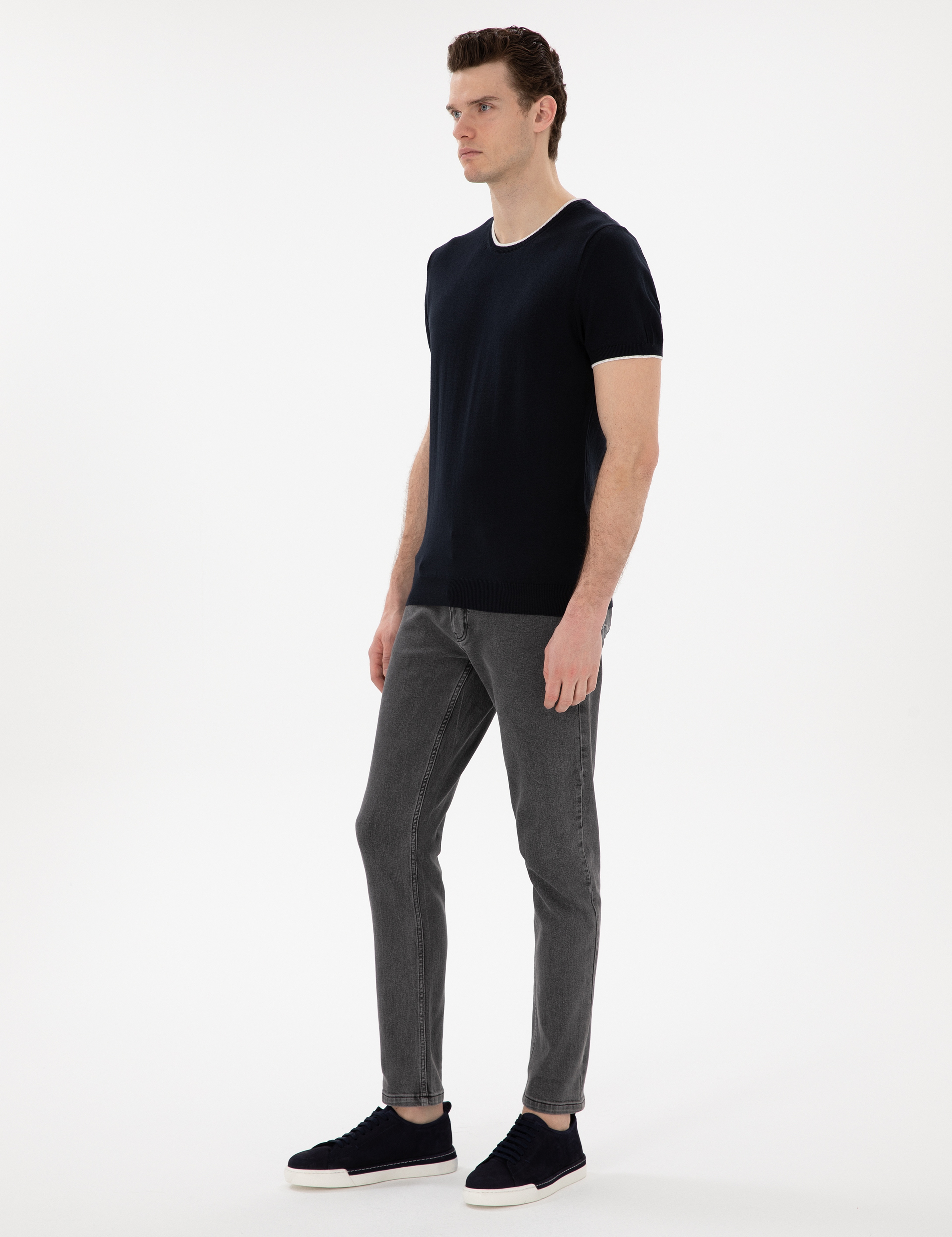 Lacivert Slim Fit Bisiklet Yaka Triko Tişört - Image 4