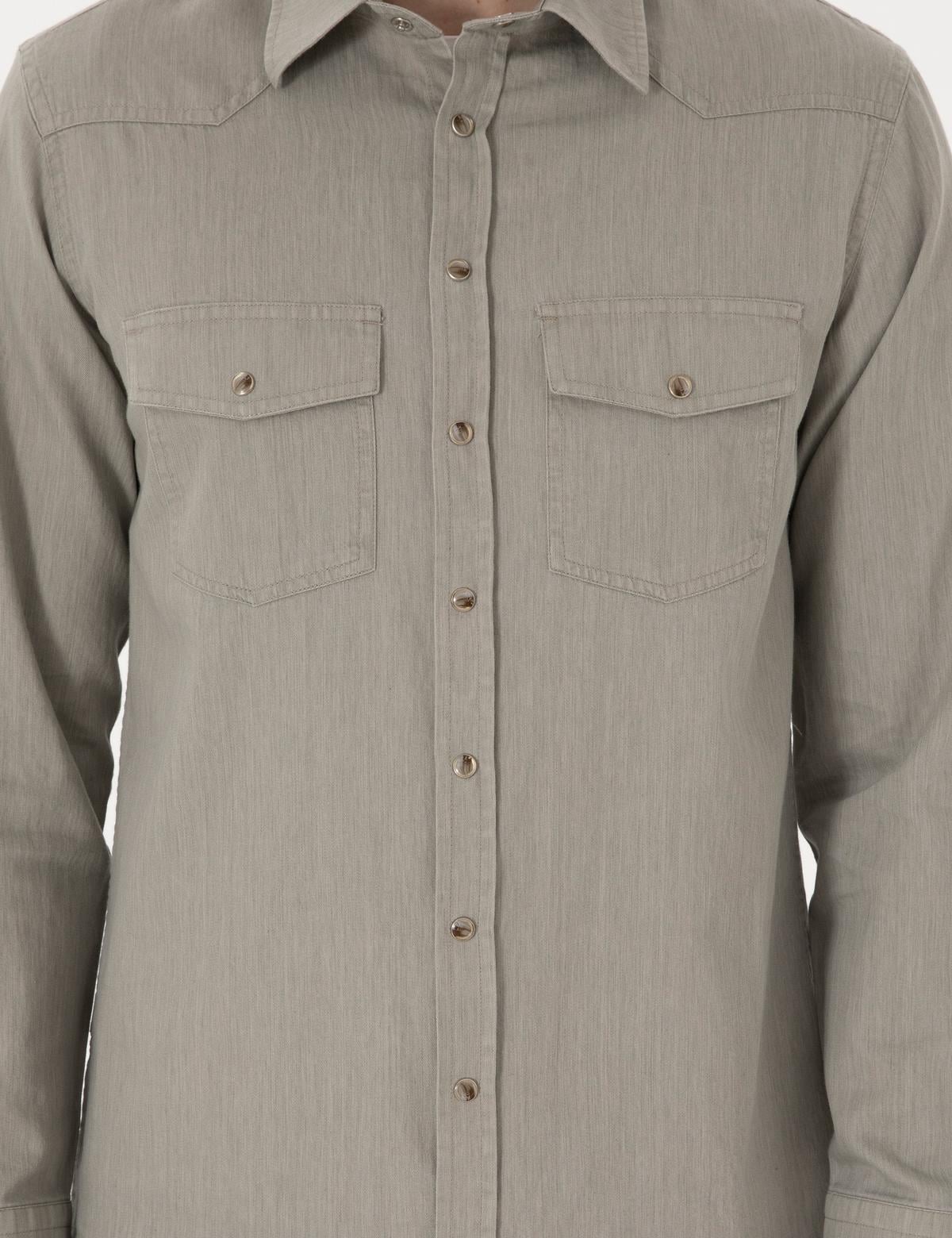 Açık Haki Slim Fit Uzun Kollu Jean Gömlek - 50305630010