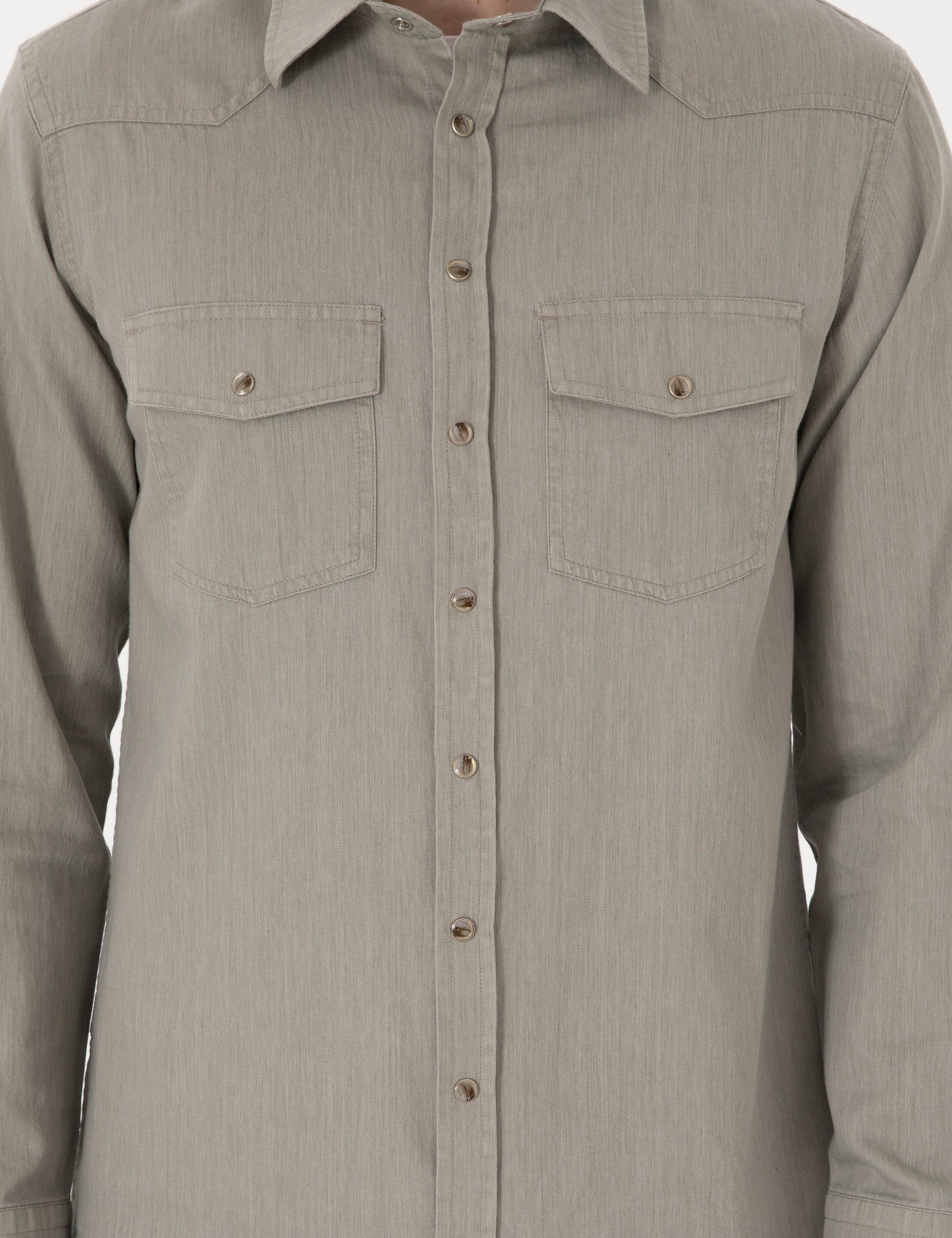 Açık Haki Slim Fit Uzun Kollu Jean Gömlek