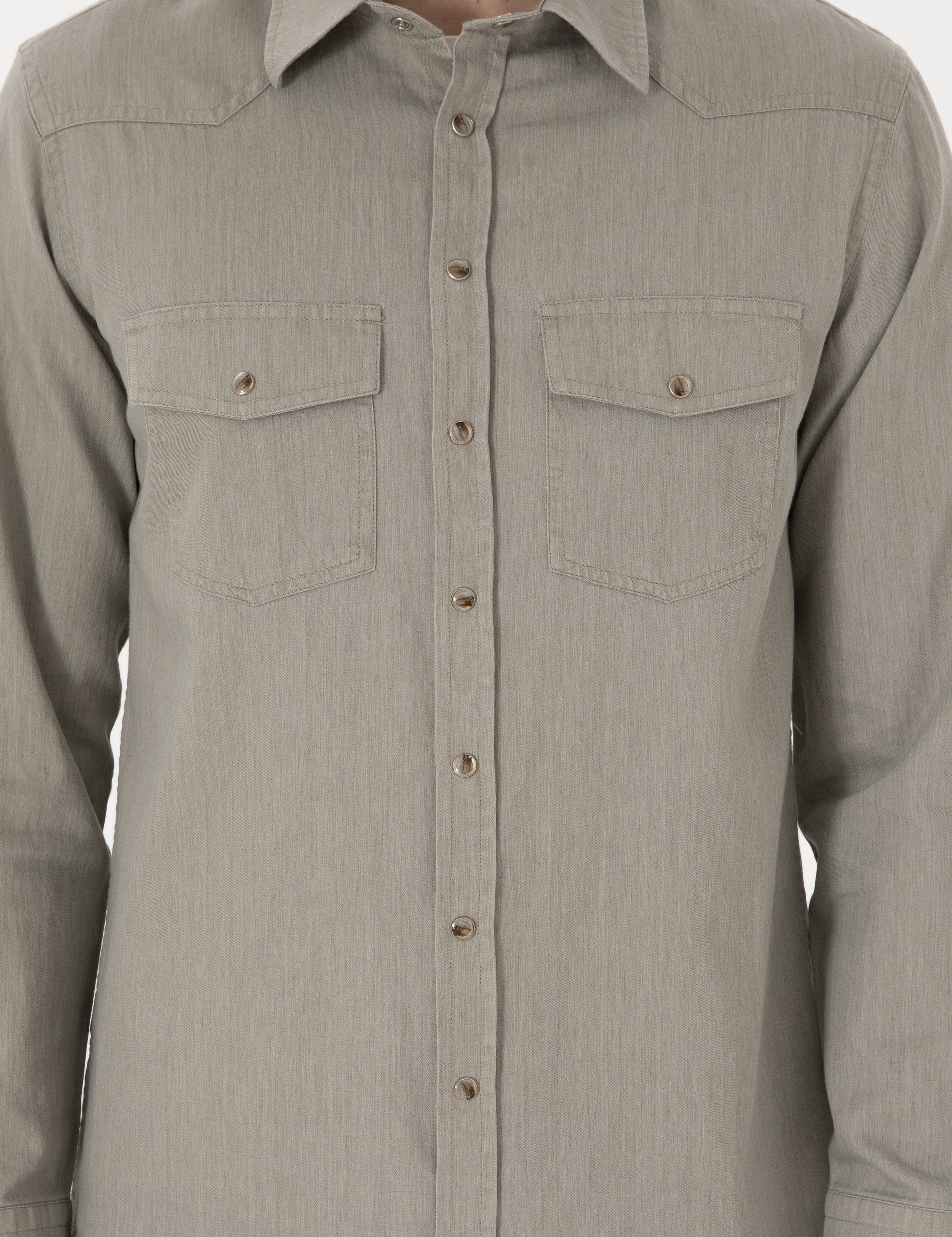 Açık Haki Slim Fit %100 Pamuk Uzun Kollu Jean Gömlek - Image 6