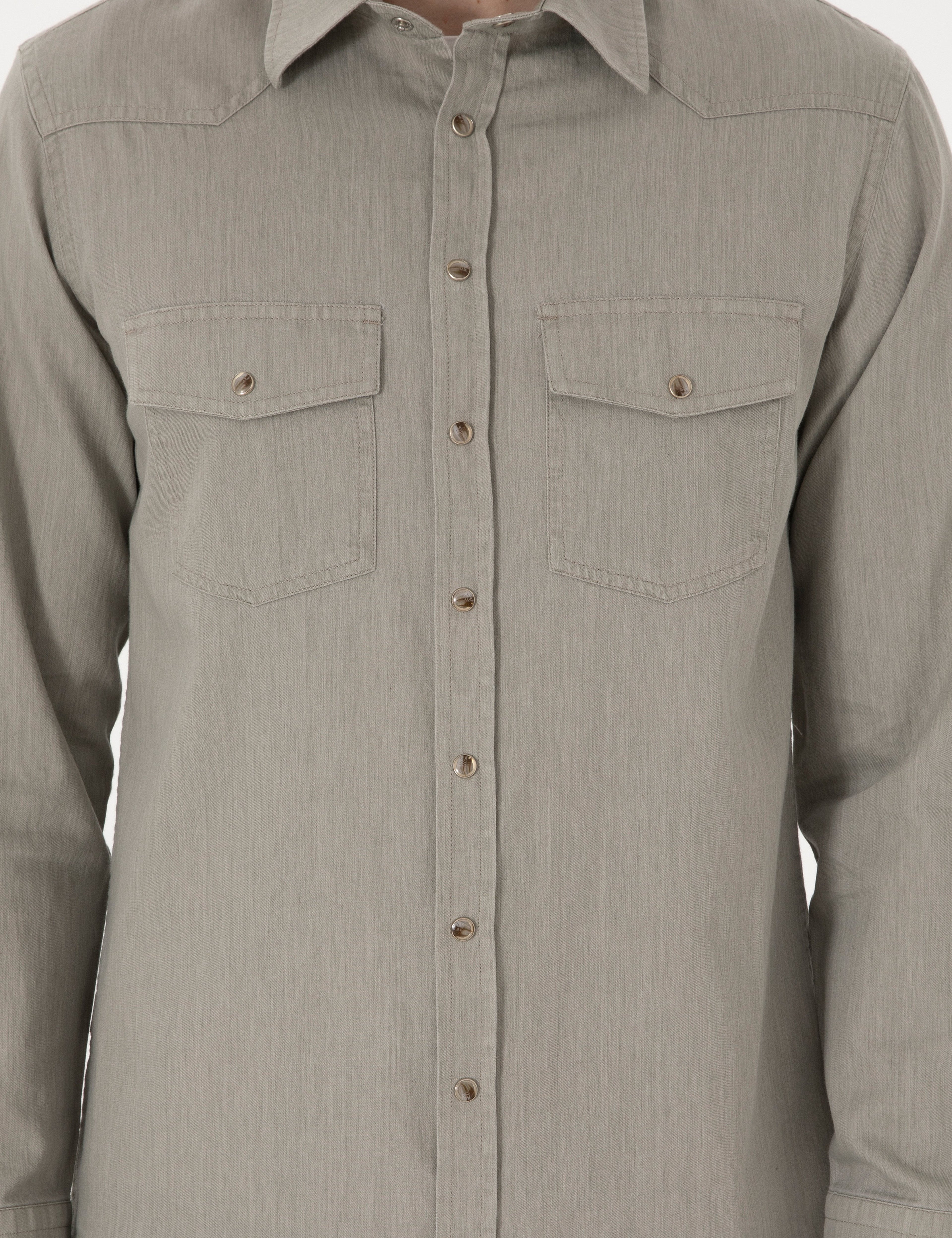 Açık Haki Slim Fit %100 Pamuk Uzun Kollu Jean Gömlek