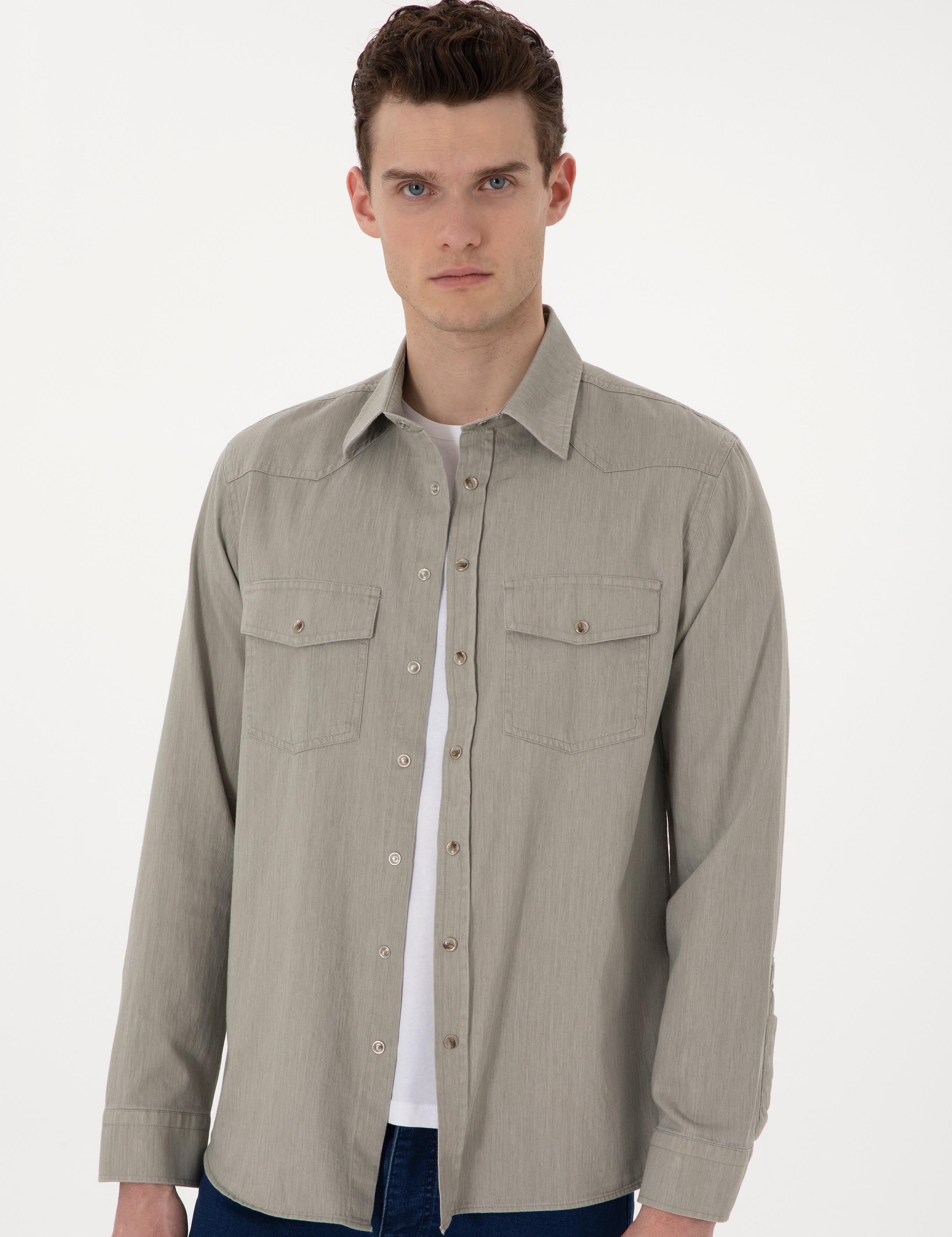 Açık Haki Slim Fit Uzun Kollu Jean Gömlek