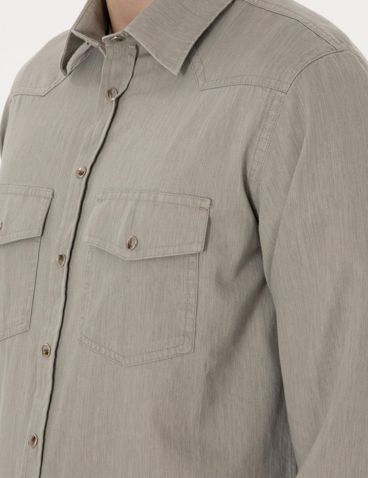 Açık Haki Slim Fit Uzun Kollu Jean Gömlek - 50305630010