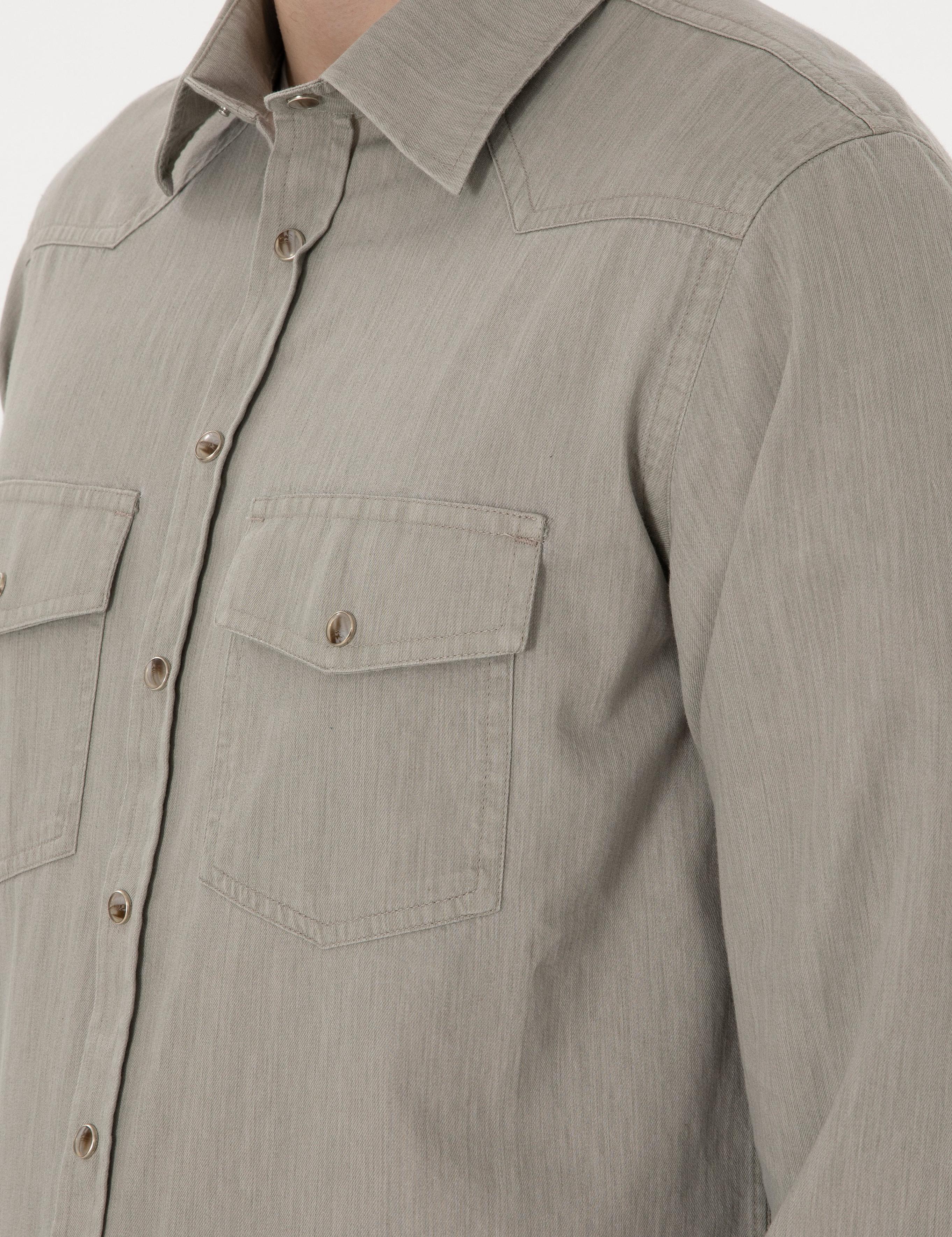 Açık Haki Slim Fit Uzun Kollu Jean Gömlek