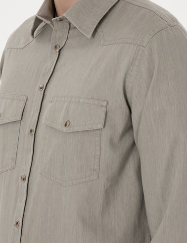 Açık Haki Slim Fit %100 Pamuk Uzun Kollu Jean Gömlek