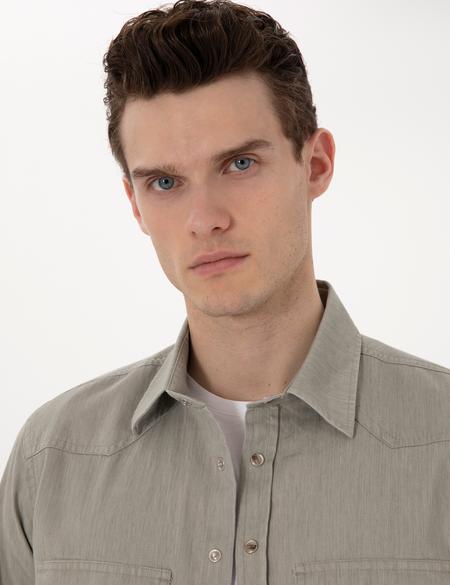 Açık Haki Slim Fit Uzun Kollu Jean Gömlek - 50305630010