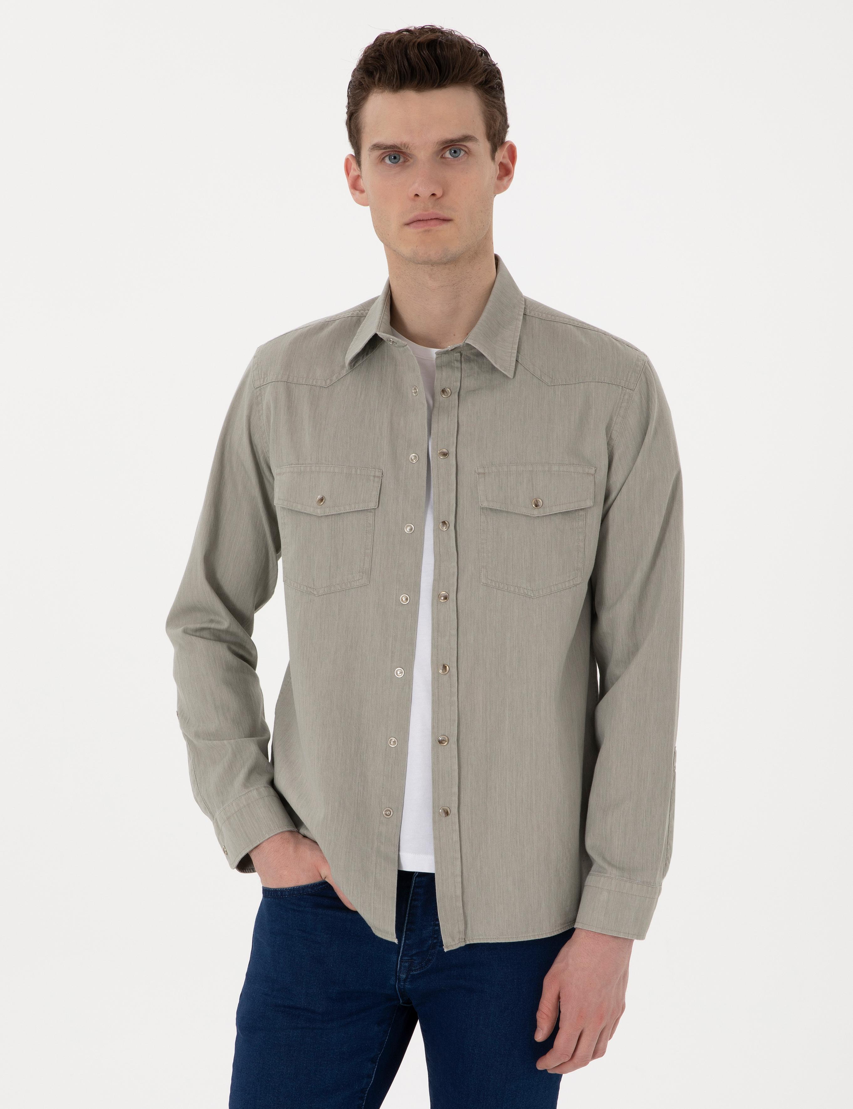 Açık Haki Slim Fit Uzun Kollu Jean Gömlek
