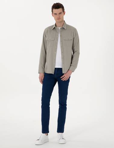 Açık Haki Slim Fit %100 Pamuk Uzun Kollu Jean Gömlek
