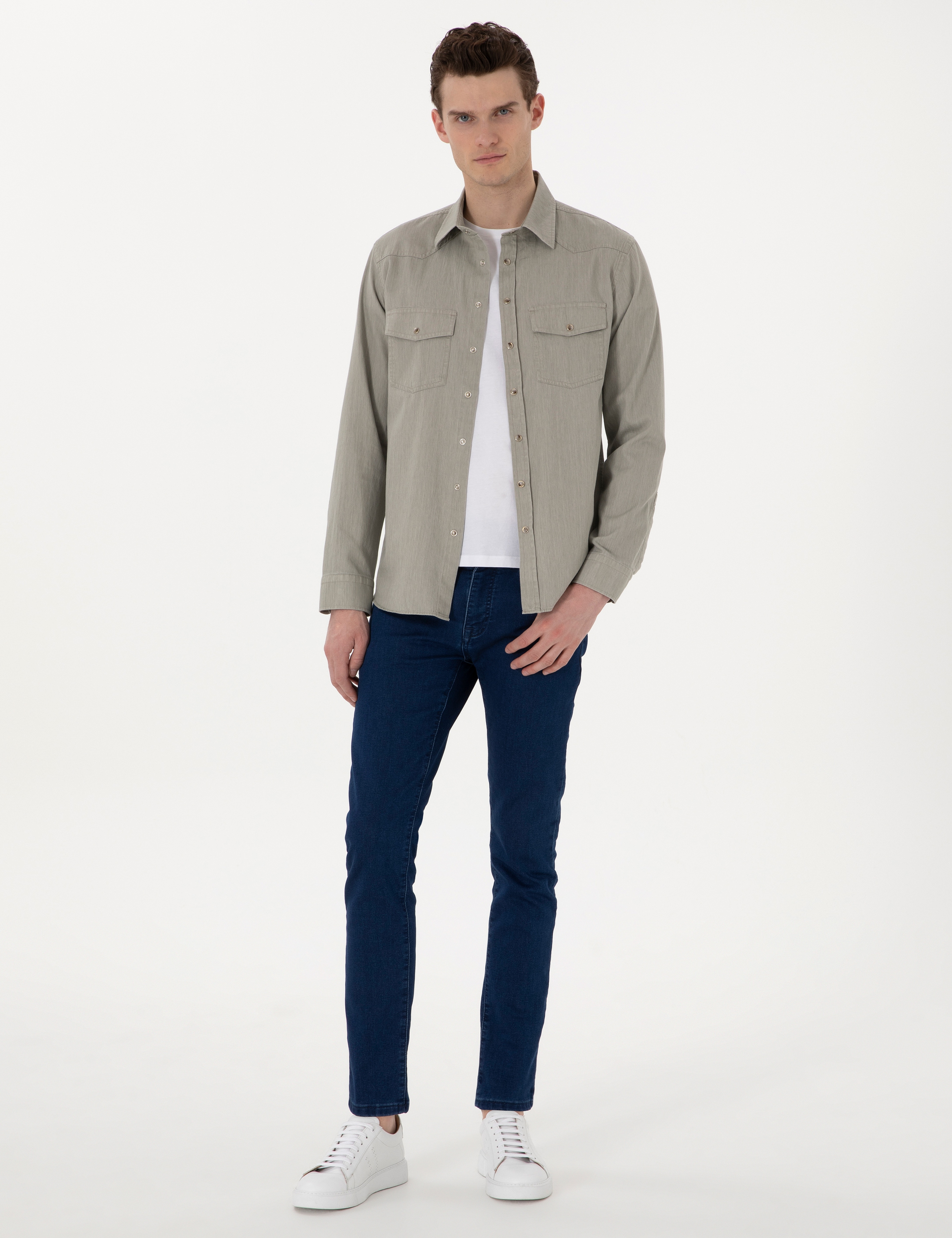 Açık Haki Slim Fit %100 Pamuk Uzun Kollu Jean Gömlek - Image 4